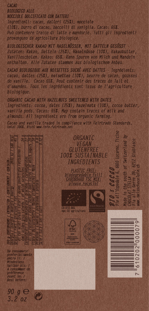 Schokolade vegan Cacao & Dates Hazelnut - bio-swiss